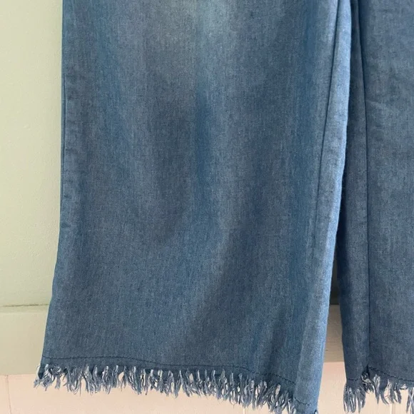 Blue Wide-Leg Women Chambray Cotton Light Weight Cropped Pants - Picture 3 of 10
